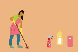 An illustration shows a smiling woman holding a mop beside three bottles of housecleaning products.