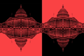 illustration featuring two views of the U.S. Capitol, mirror images in red and black