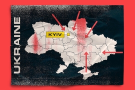 a graphic illustration featuring a map of Ukraine's outlines, with red arrows suggesting the path of Russia's invasion and push toward the capital of Kyiv