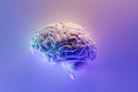 3D rendering of a brain with purple light on it and purple background