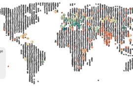 gray stylized map of world with colored dots