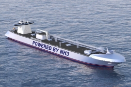 ship labeled 'powered by ammonia'