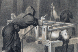 A detail from a 19th century lithograph depicting the torture of a woman during the Spanish Inquisition, while officials look on