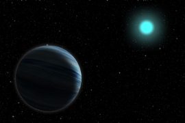 artistic rendition of distant light-blue star with a large blue planet in foreground