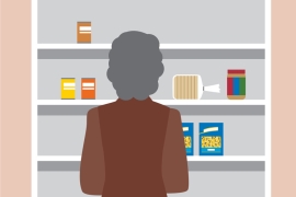 drawing of woman looking into a nearly empty pantry
