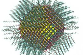 Calculated atomic structure of a 5nm diameter nanocrystal passivated with oleate and hydroxyl ligands.