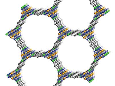 The porous MOF structure contains hexagonal channels lined with a high concentration of iron sites. These iron sites are able to bind carbon monoxide strongly and in a cooperative fashion. Gray, blue, green, and orange spheres represent carbon, nitrogen, chlorine and iron, respectively.