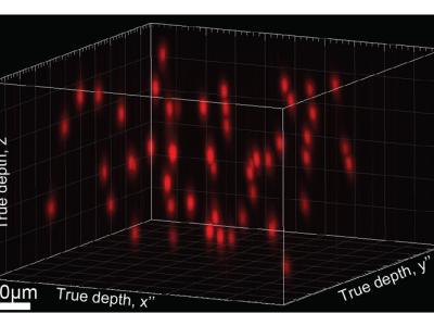 Sample hologram with randomly distributed neuron targets in red around the box. True depth, x/y/z