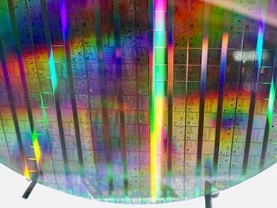 A close-up view of a shiny etched silicon wafer
