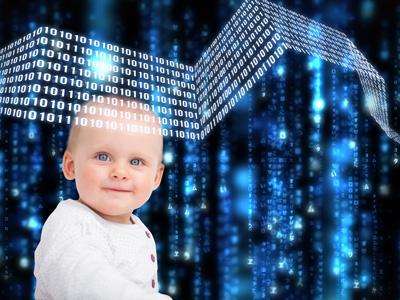 Baby against binary code backdrop