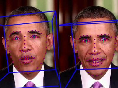 Two photos of President Obama are side-by-side. They have blue boxes and red dots over his face.
