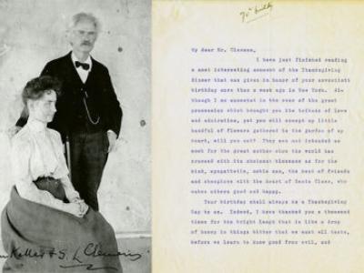 A composite image of Mark Twain posing with Helen Keller next to a letter written by Keller to Twain