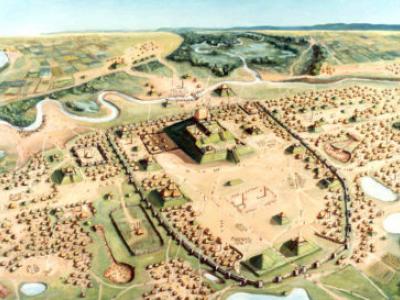 Painting of Cahokia by William R. Iseminger, courtesy of Cahokia Mounds Historic State Site.