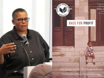 Keeanga-Yamahtta Taylor talking next to a photo of her book "Race for Profit"