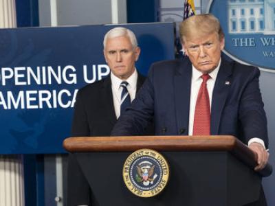 Vice President Mike Pence and President Donald Trump at a White House press briefing
