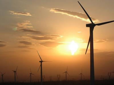 wind turbines silhouetted by sunset