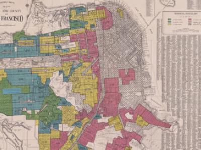 A historical map of San Francisco in which each neighborhood has been shaded in red, yellow or green according to its Home Owners' Loan Corp. investment rating