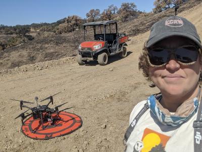 Becca Fenwick with drone at Berkeley's Blue Oak Ranch Reserve