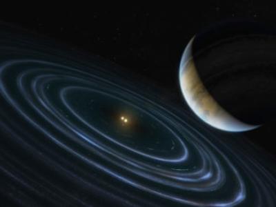 artist's impression of a planet orbiting far from its binary star