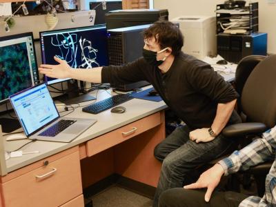 researchers wearing protective masks looking at computer screens