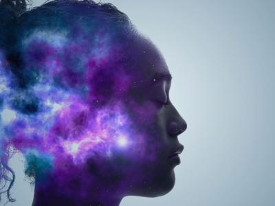 an illustration of a woman with purple nebula-like explosions super-imposed on her head 