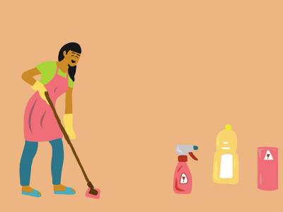 An illustration shows a smiling woman holding a mop beside three bottles of housecleaning products.