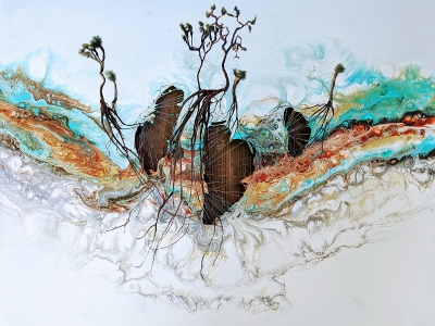 colorful painting of trees, roots and fungal communities below