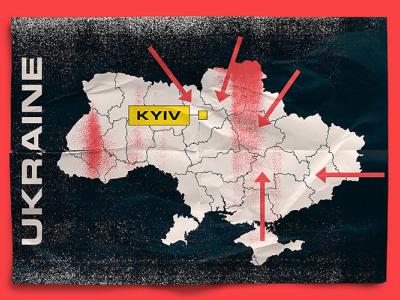 a graphic illustration featuring a map of Ukraine's outlines, with red arrows suggesting the path of Russia's invasion and push toward the capital of Kyiv