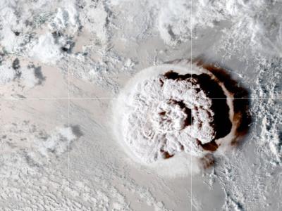 ash clouds over volcano as seen from space