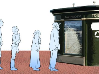 Illustration of people standing in line in front of a san francisco toilet