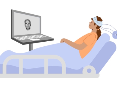 drawing of woman in bed with bandages around head, looking at TV screen with man's face