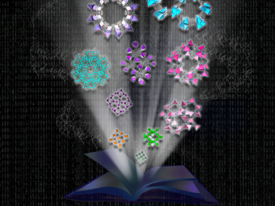 Graphics of various shapes and colors rising from an open book.
