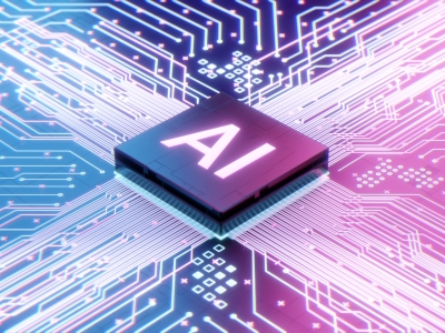 Illustration of AI microchip on a motherboard circuit with shades of purple and pink.