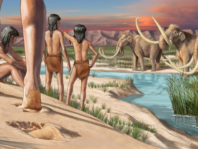 painting of shirtless boys staring at 3 mammoths in the water