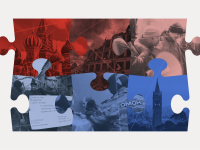 a composite image of six photos in the shape of a puzzle pieces locked together that show various moments in the lives of two people who went from Russian protests to UC Berkeley