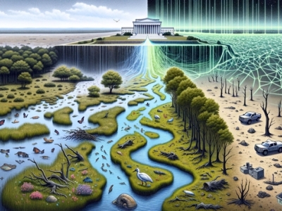 cartoon image of the White House providing water to forests and deserts