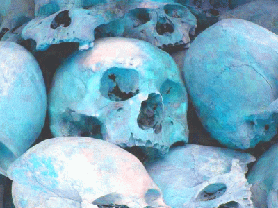 A photo-based illustration showing a mound of skulls 