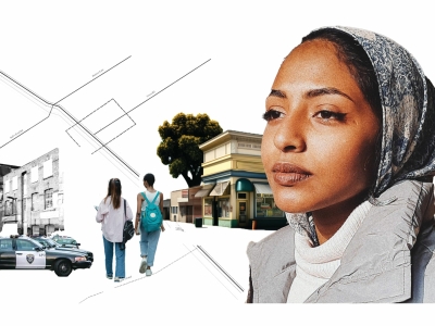 A graphic illustration featuring (at right) the face of a young woman, with smaller images of a pleasant commercial street corner, two young people viewed from behind as they walk and carry books, and police cars