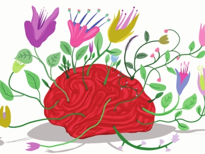 Graphic of red brain with flowers sprouting from it.