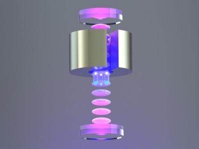a silver ring surrounds a pink and blue stack of disk representing clusters of atoms
