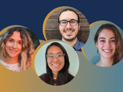 cutout headshots of four people against a blue and gold background