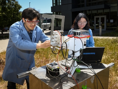 Two researchers in lab coats and goggles work with outdoor scientific equipment near a modern building.