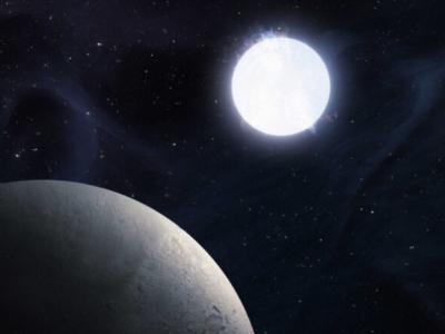 a silvery Earth in the foreground with a bright white ball in the distance