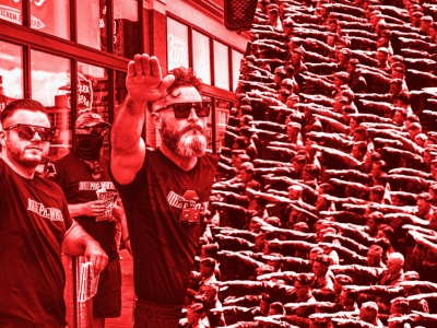 photo illustration showing, on left, two U.S. men in 2024 offering the Nazi salute, and on right, hundreds of Nazis offering the same salute in 1930s Germany.