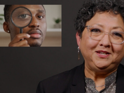 image of woman speaking next to an overlayed slide deck