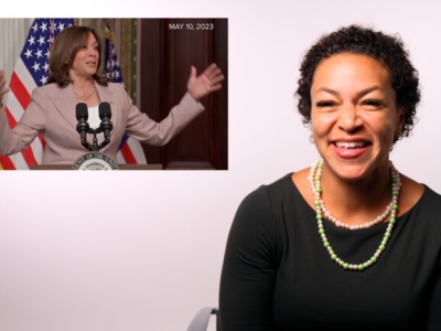 image of woman speaking next to an overlayed image or video 