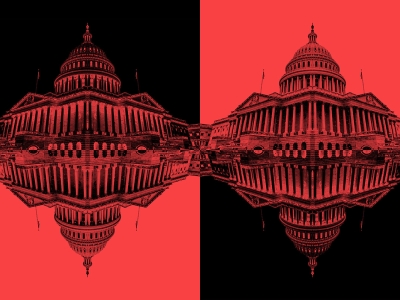 illustration featuring two views of the U.S. Capitol, mirror images in red and black