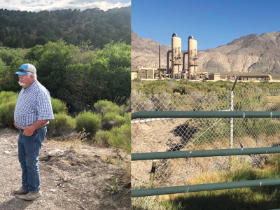 Sheep rancher Gracian Uhalde (right) shows Meg Mills-Novoa an access road on his Steptoe Valley property, which a pumped storage hydropower developer proposed using without consent. Construction of a geothermal plant in Dixie Valley has halted over concerns for the endangered Dixie Valley toad. Photos by Sophia Borgias.