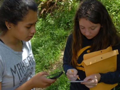 Two people stand next to one another in a forested area. One person is reading off of their phone while the other is writing something on a small piece of paper.