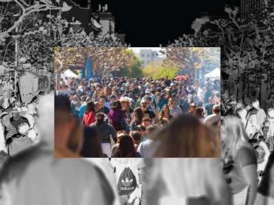 A photo illustration showing students streaming down a campus walkway. The outer frame is in black and white negative; the central frame is in full color.